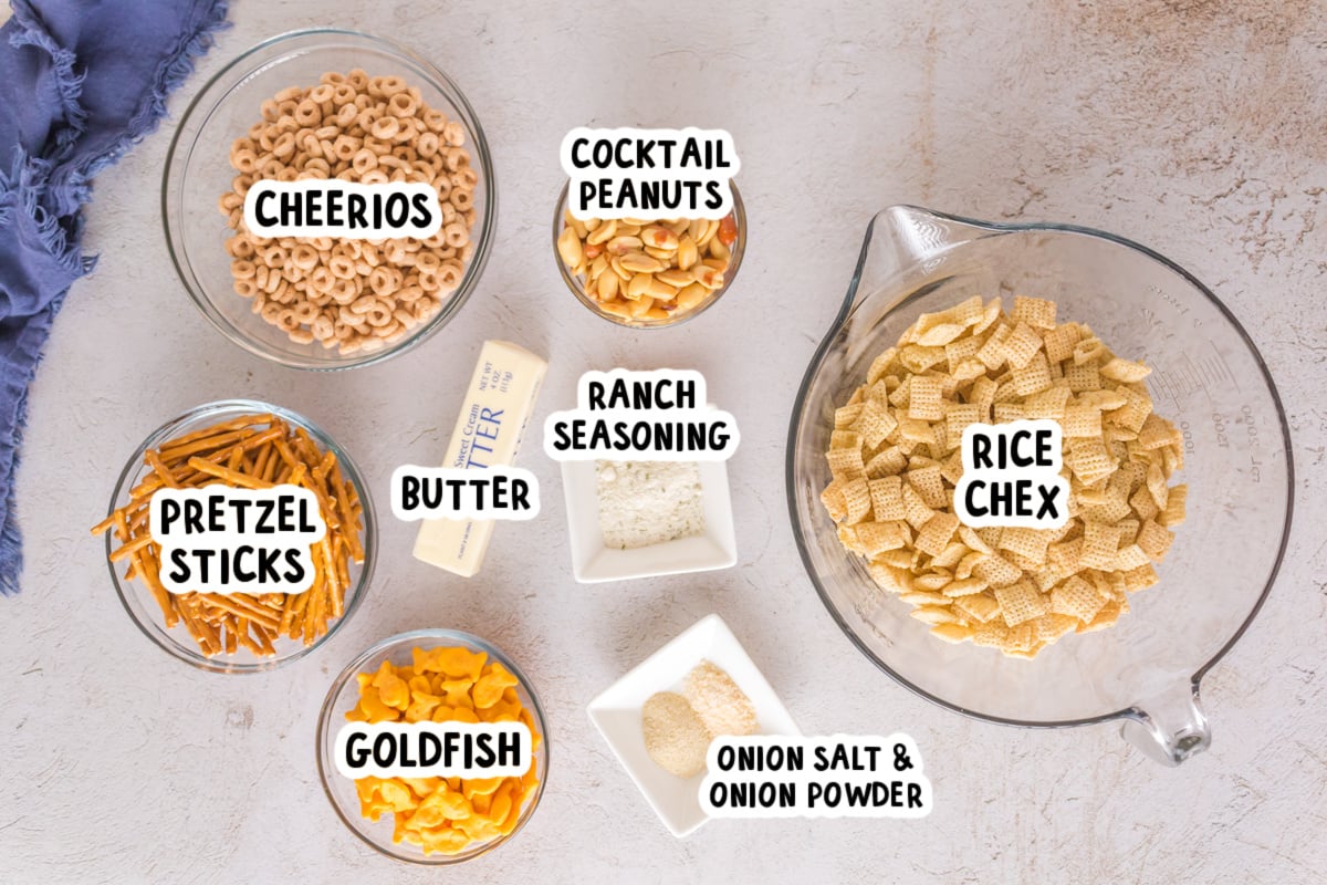 ingredients for ranch chex mix on a table.