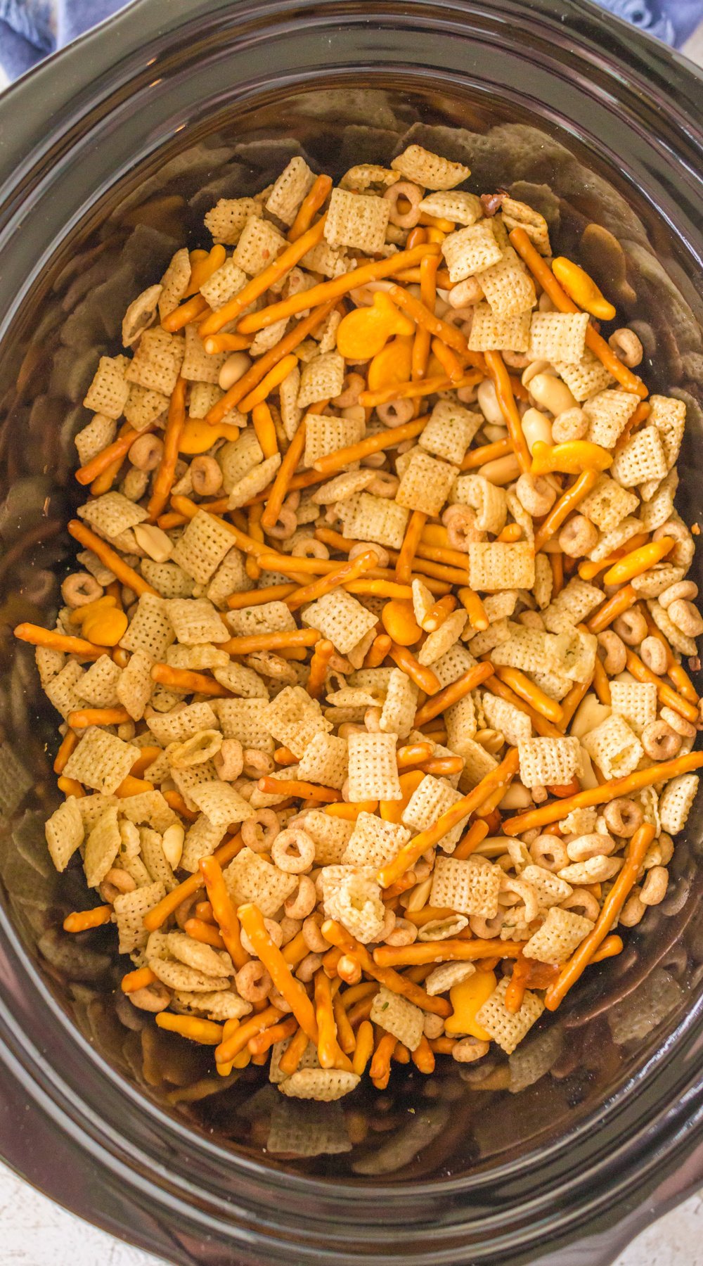 long image of slow cooker ranch chex mix.