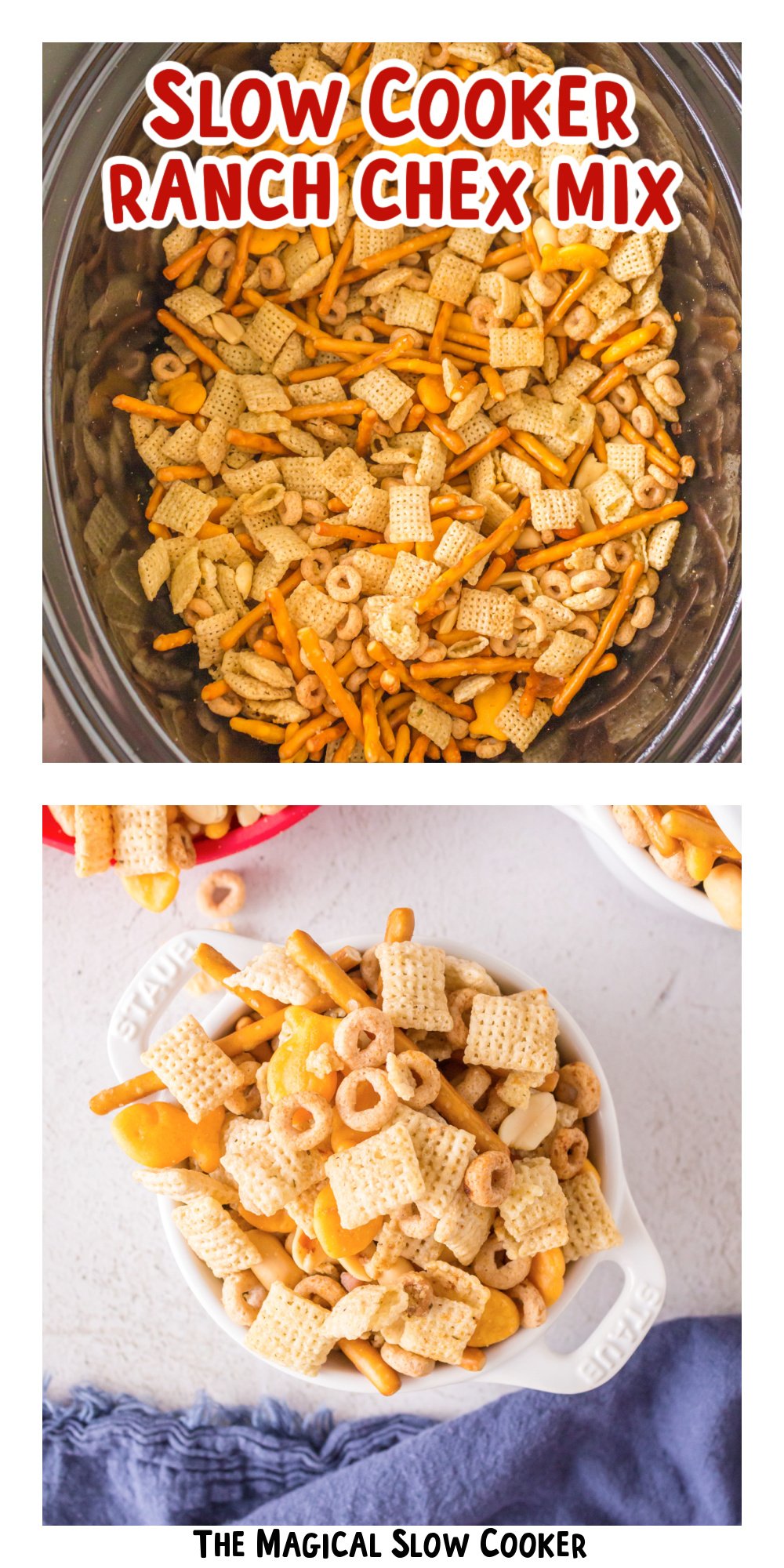 two images of slow cooker ranch chex mix with text title overlay.