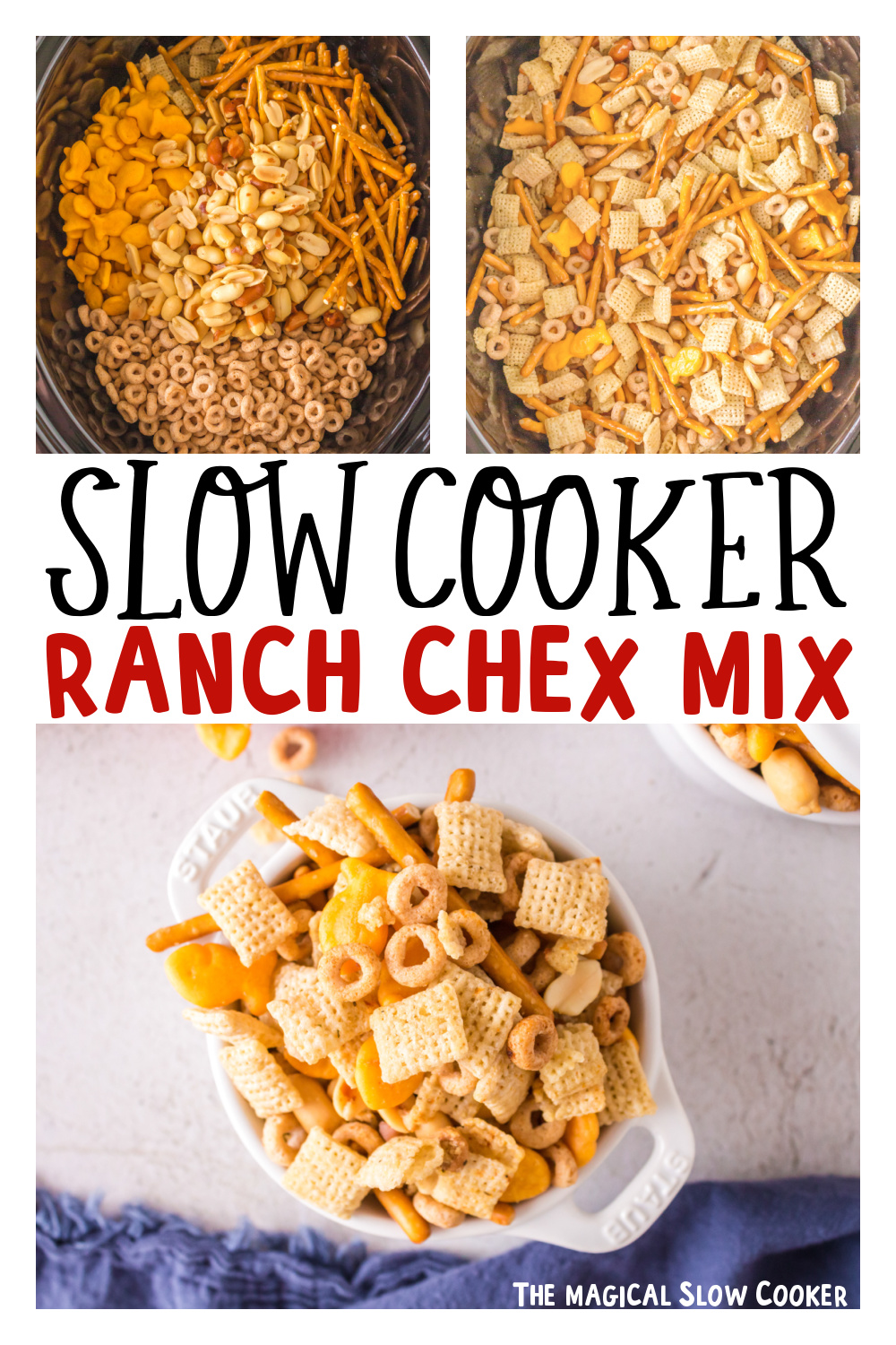 three images of slow cooker ranch chex mix for pinterest.