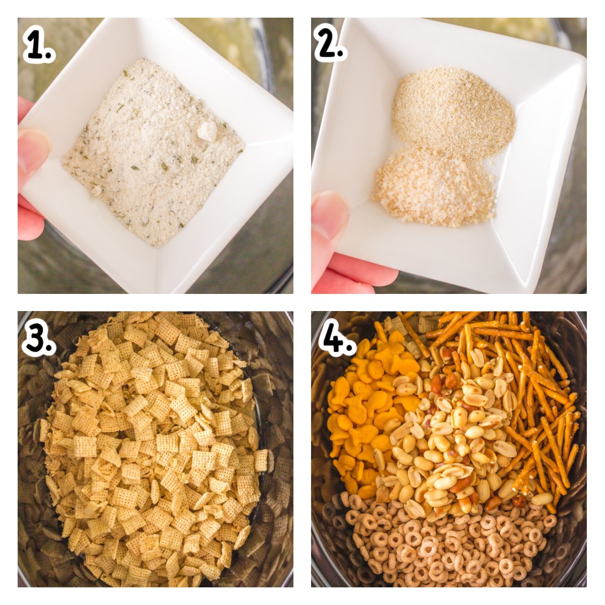four images showing how to make slow cooker ranch chex mix.