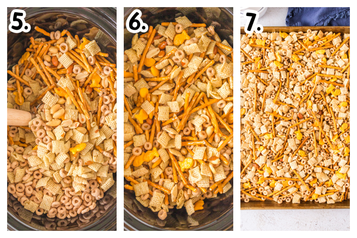 three images showing how to make slow cooker ranch chex mix.