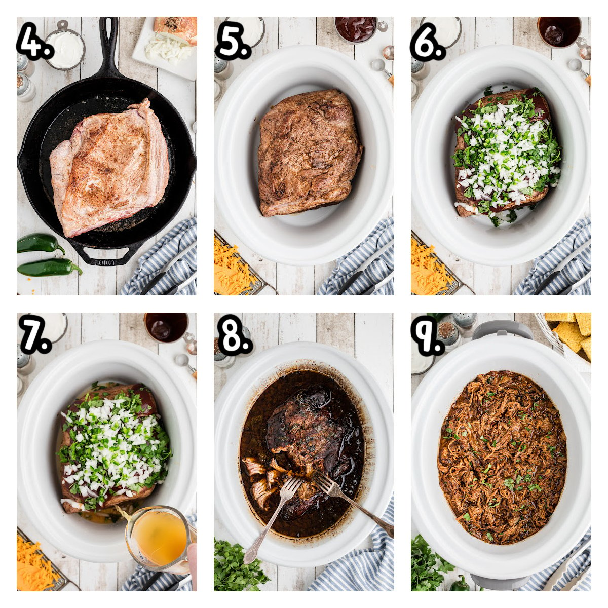 six images showing how to make slow cooker pulled pork chow down.