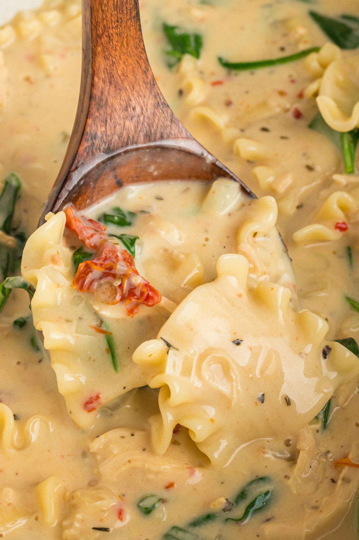 scooping some white lasagna soup out of a slow cooker.