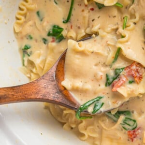 overhead shot of slow cooker white lasagna soup.