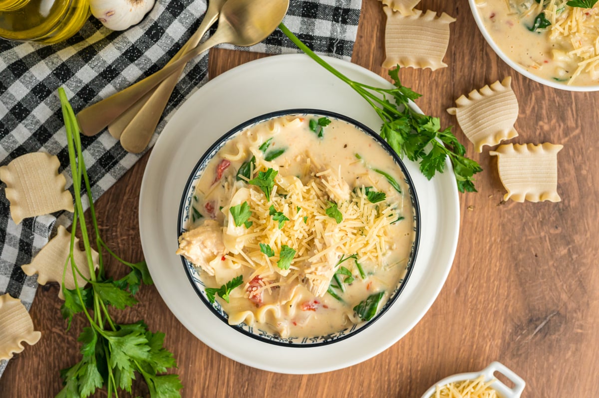 overhead shot of serving of slow cooker white lasagna soup.