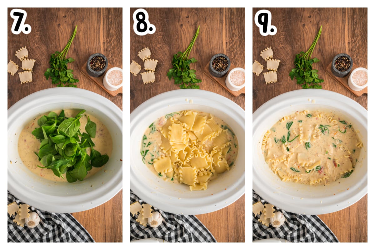 three images showing how to make slow cooker white lasagna soup.
