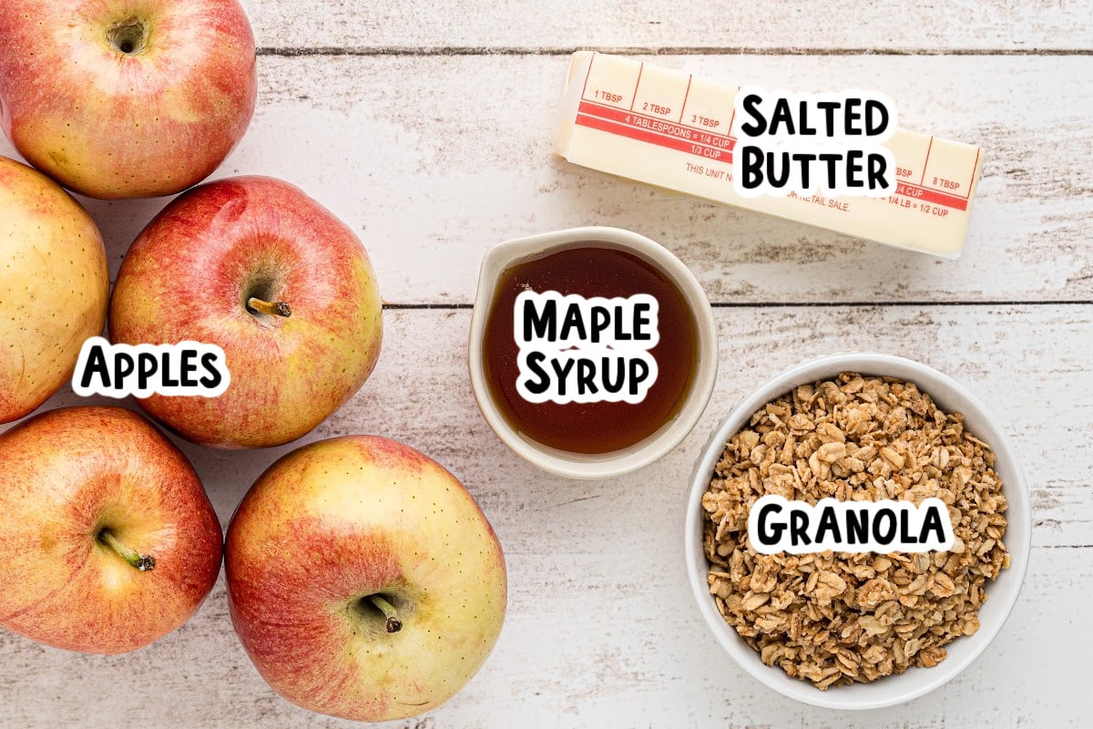 Ingredients for baked apples on a table with text overlay.