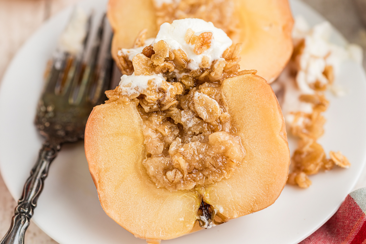 one of the slow cooker baked apples opened up to see inside.