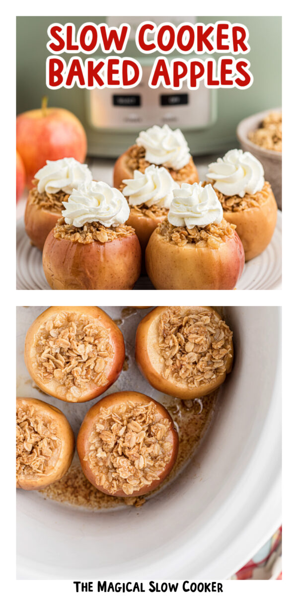 two images of slow cooker baked apples with text title overlay.