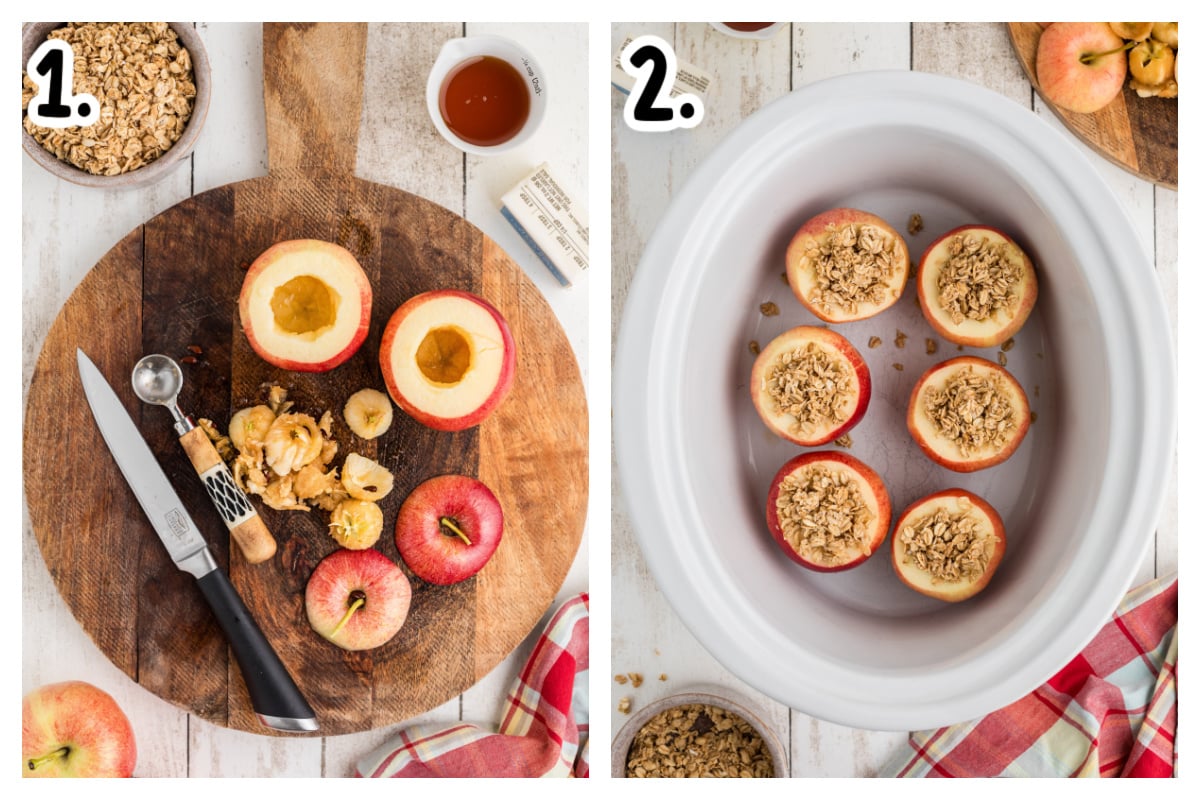 two images showing how to make slow cooker baked apples.