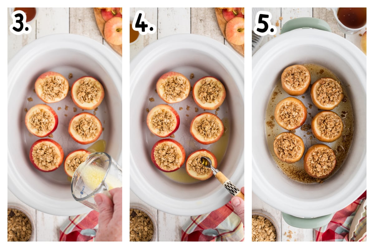 three images showing how to make slow cooker baked apples.
