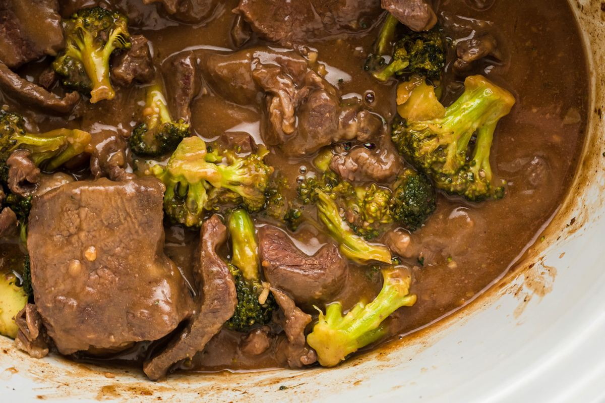 close-up overhead of slow cooker beef and broccoli.