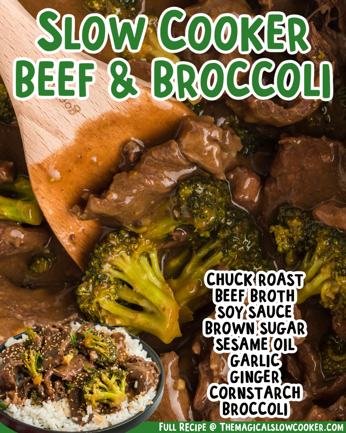 two images of slow cooker beef and broccoli with text list of ingredients.