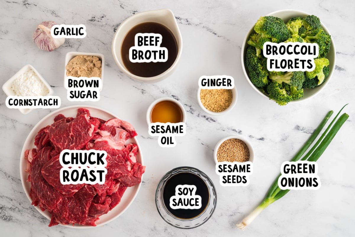 ingredients for slow cooker beef and broccoli on a table.