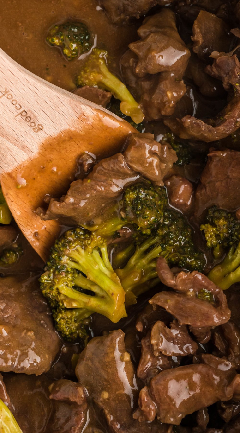 long image of slow cooker beef and broccoli.