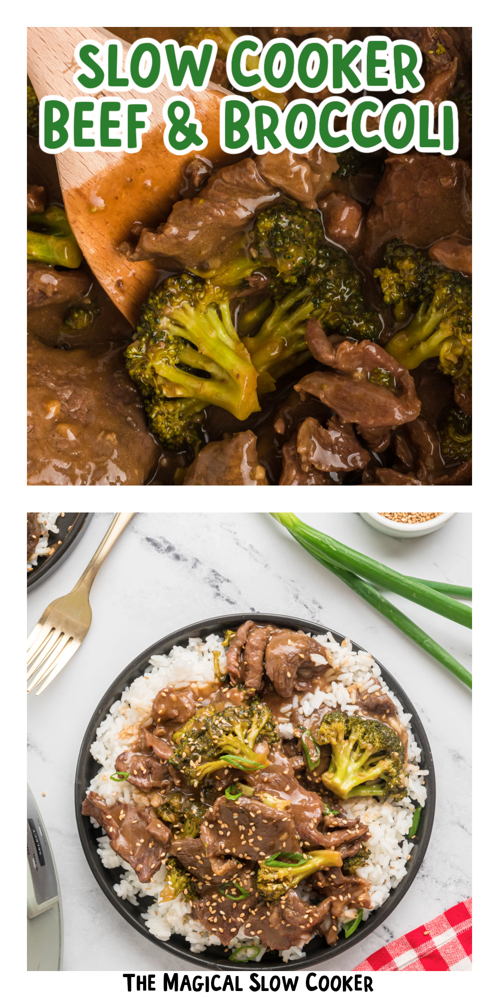 two images of slow cooker beef and broccoli with text title overlay.