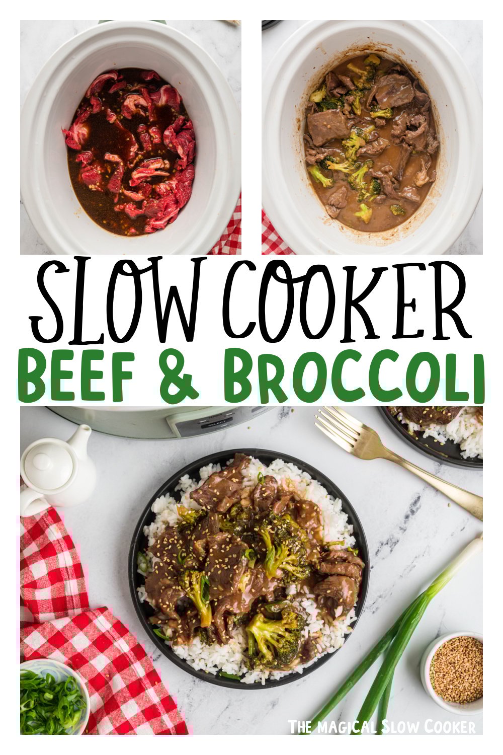 three images of slow cooker beef and broccoli for pinterest.