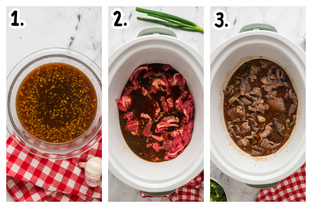 three images showing how to make slow cooker beef and broccoli.