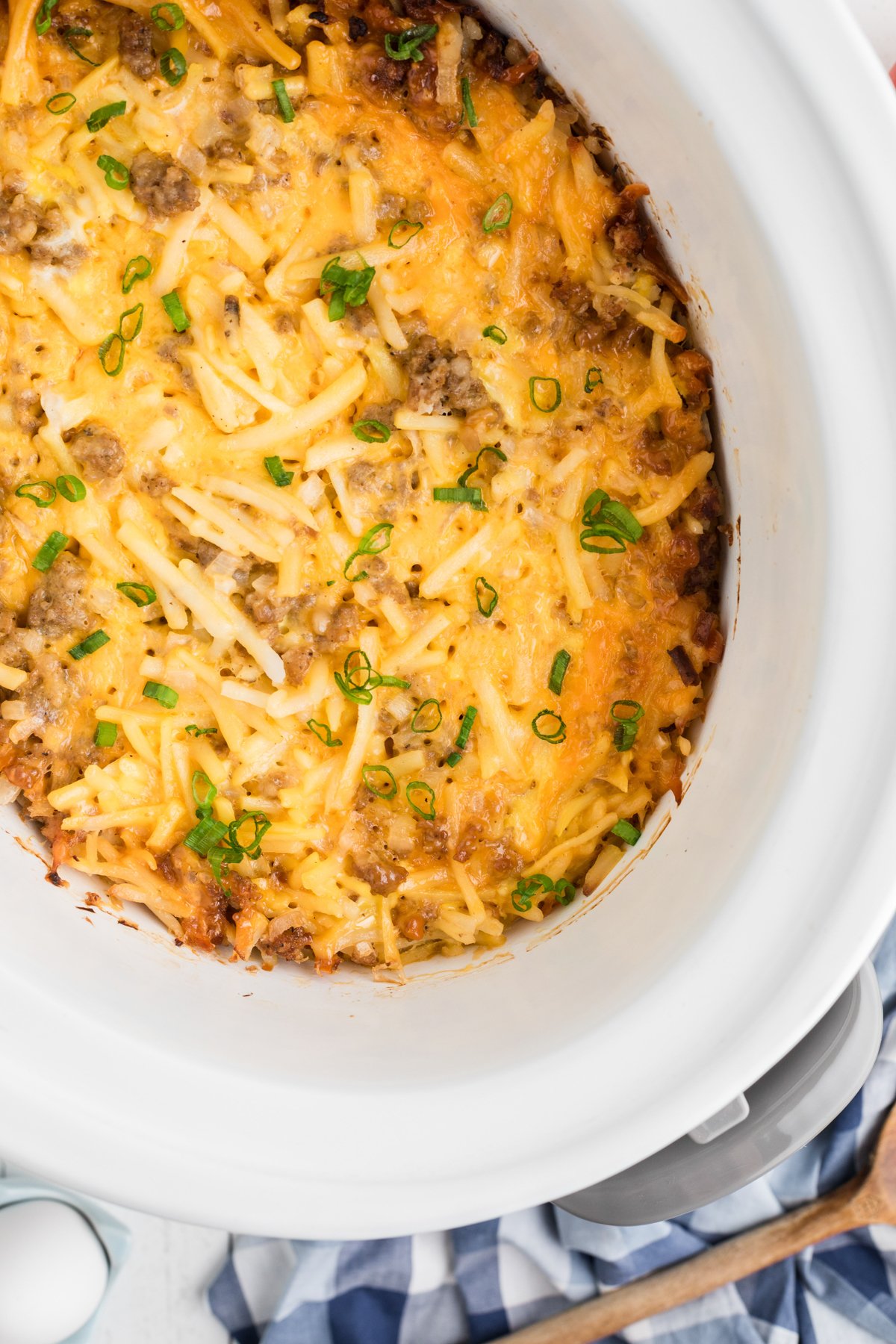 overhead shot of slow cooker breakfast casserole.