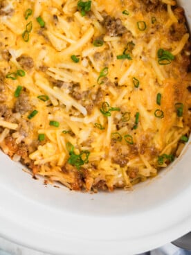 overhead shot of breakfast casserole in a slow cooker.