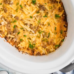 overhead shot of breakfast casserole in a slow cooker.