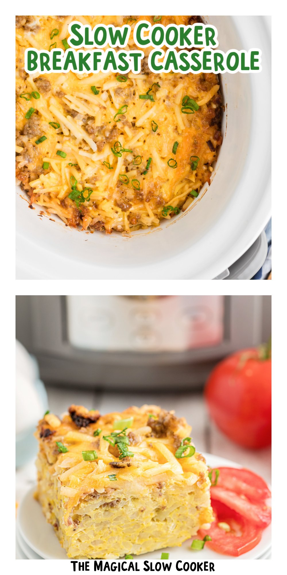 two images of slow cooker breakfast casserole with text title overlay.