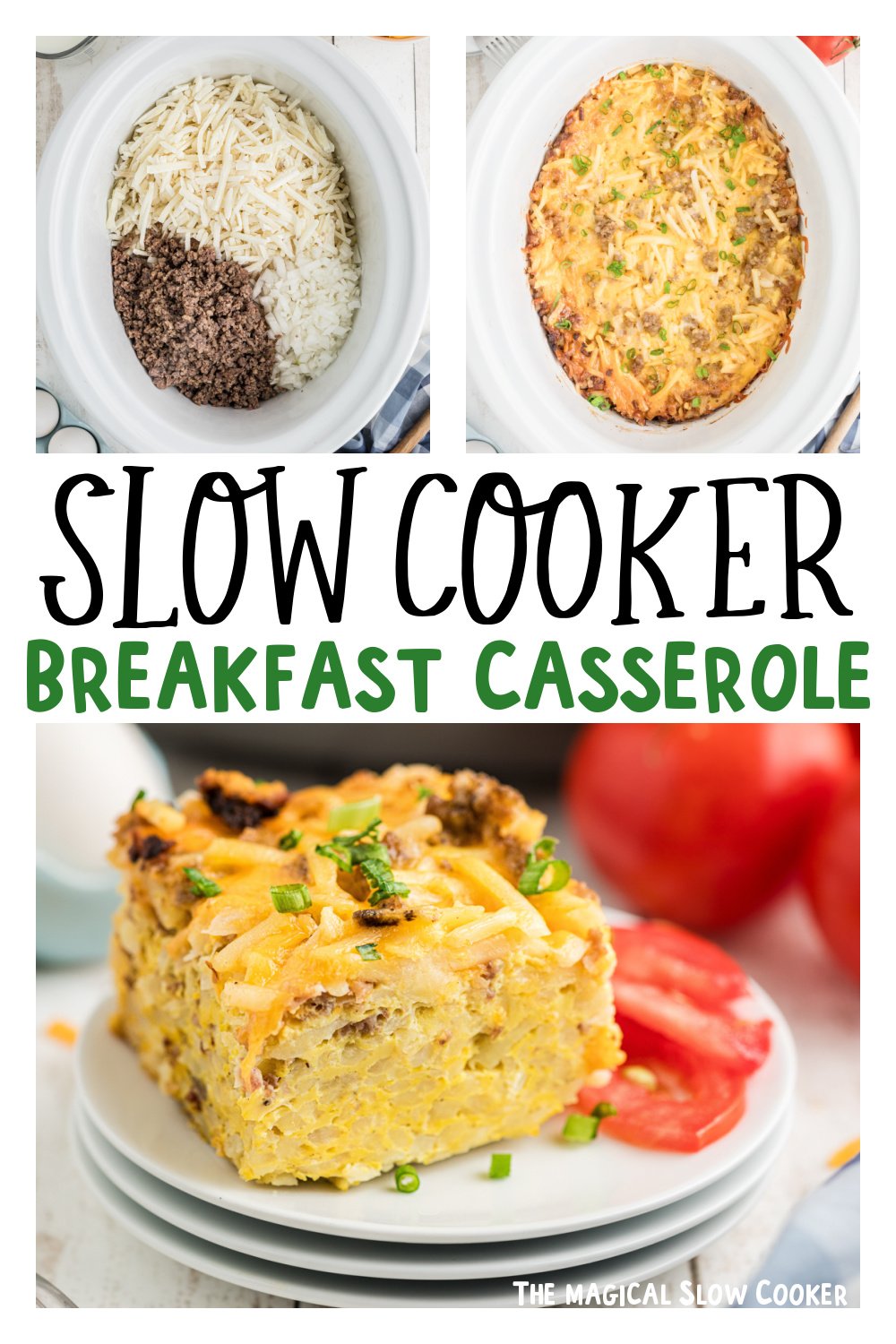 three images of slow cooker breakfast casserole for pinterest.