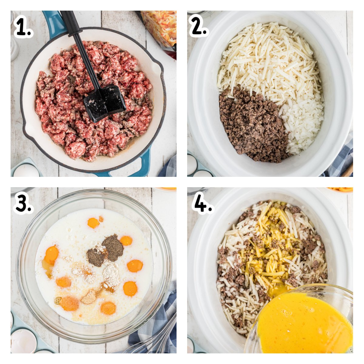 four images showing how to make slow cooker breakfast casserole.