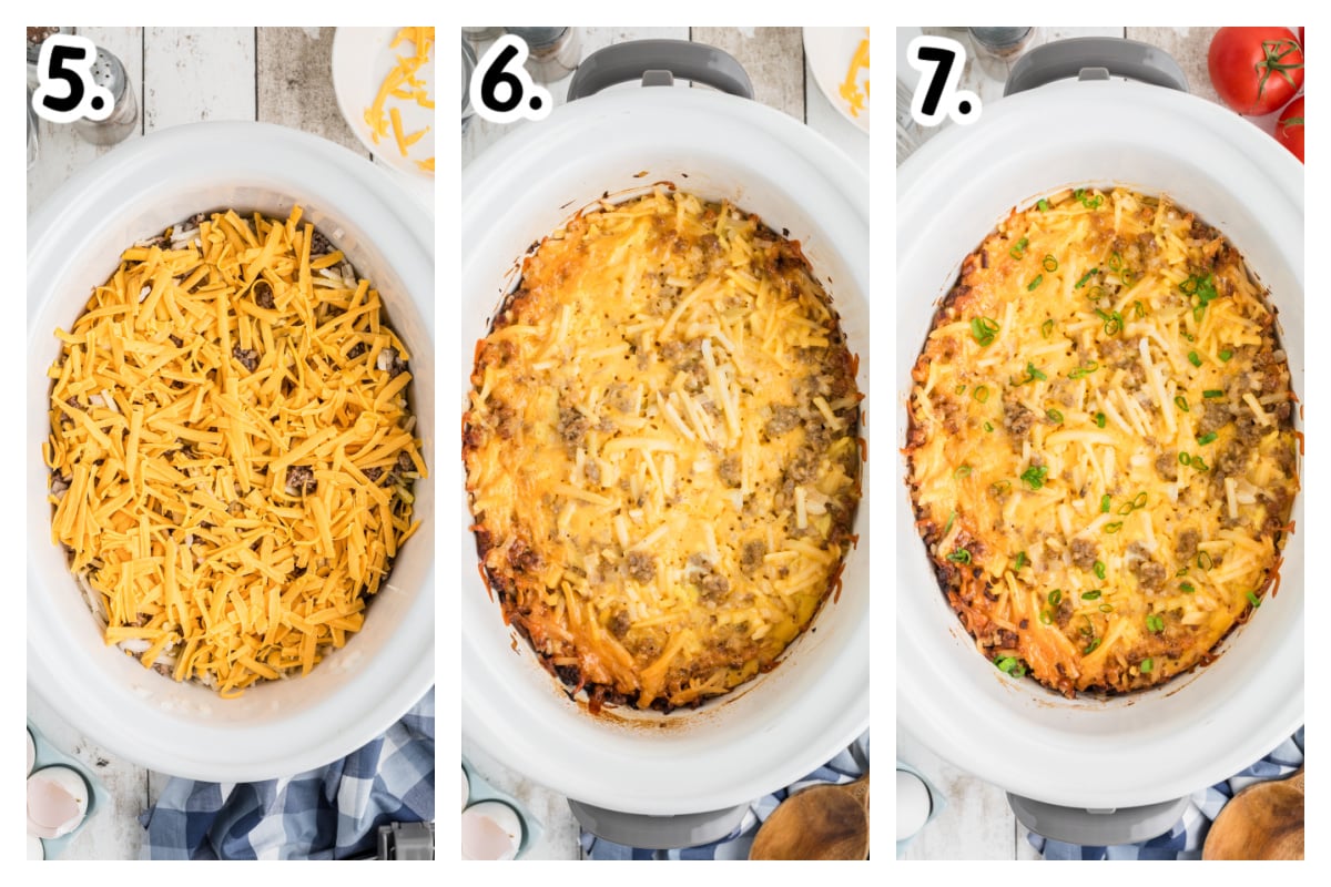 three images showing how to make slow cooker breakfast casserole.