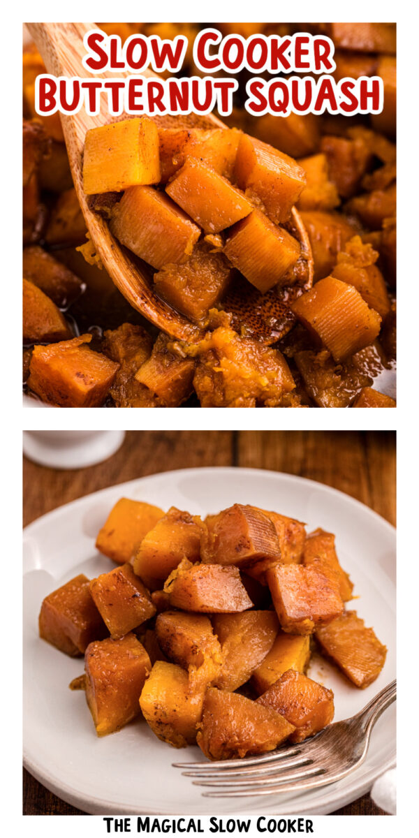 two images of slow cooker butternut squash with text title overlay.