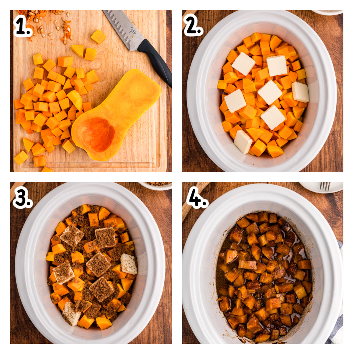 four images showing how to make slow cooker butternut squash.