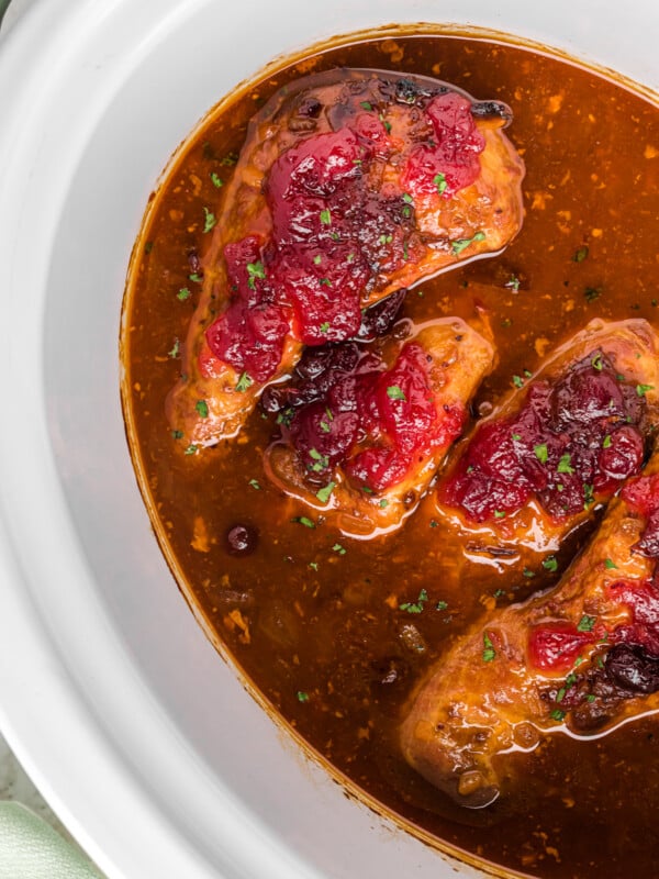 overhead shot of slow cooker cranberry chicken.