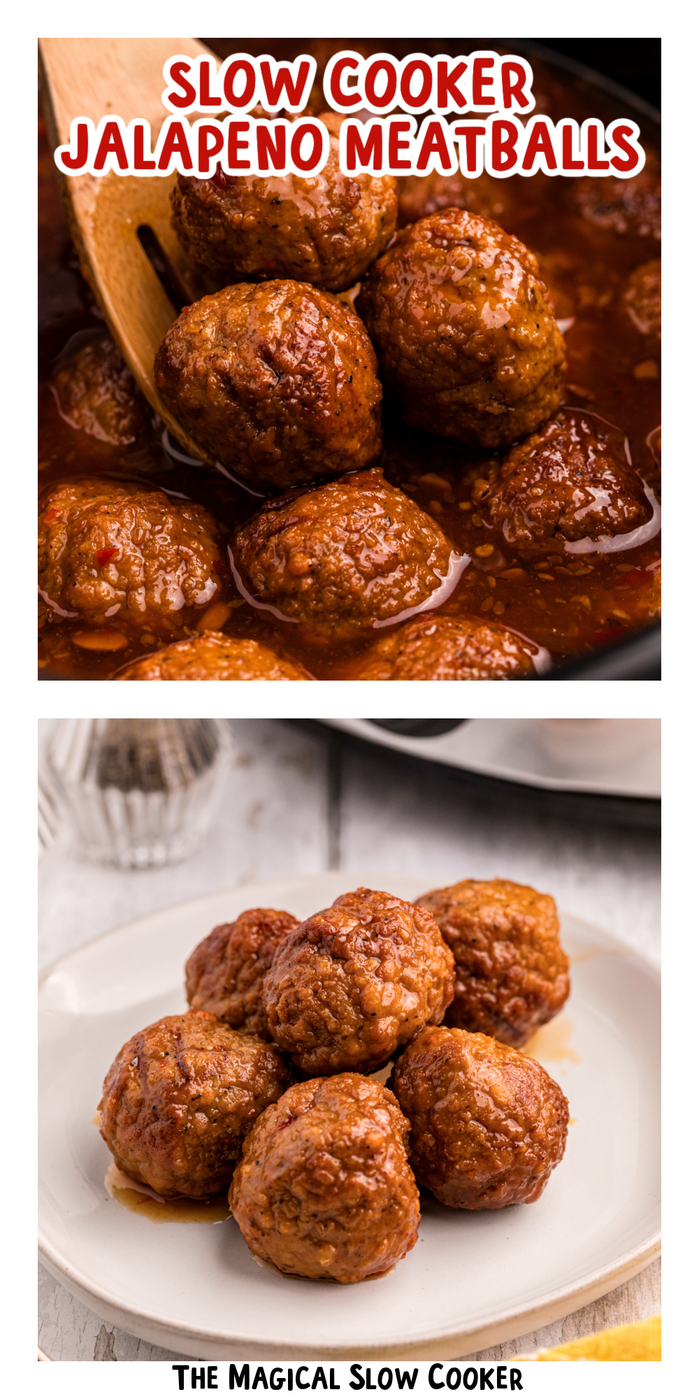 two images of slow cooker jalapeno meatballs with text title overlay.