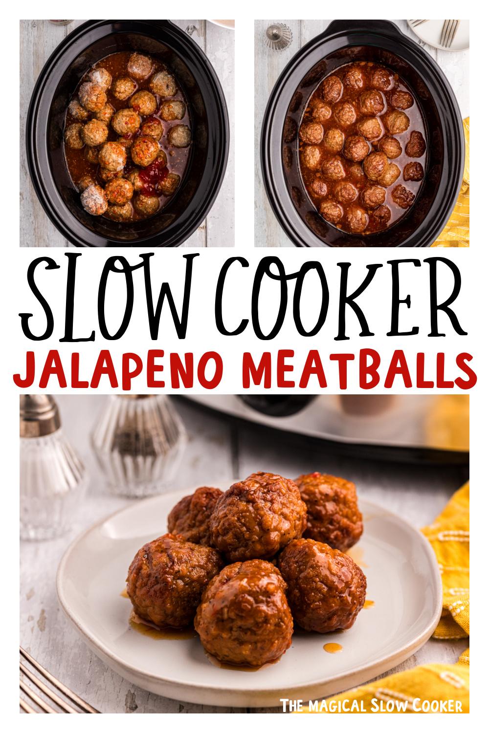 three images of slow cooker jalapeno meatballs for pinterest.