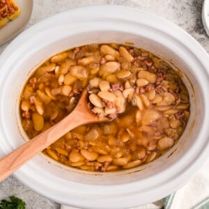 overhead shot of slow cooker lima beans.