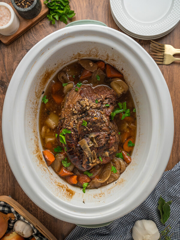 overhead shot of london broil in a crockpot.