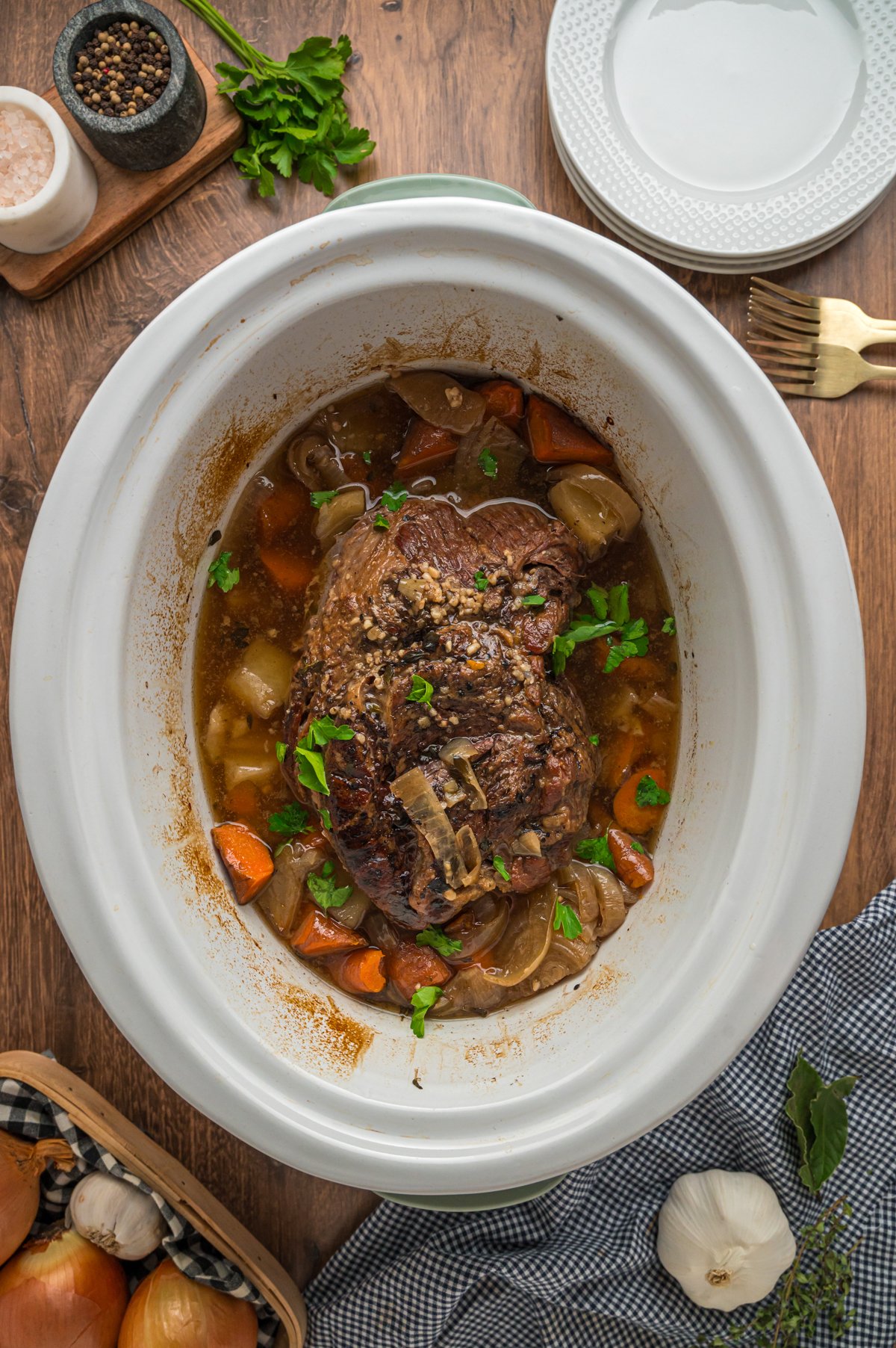 overhead shot of london broil in a crockpot.