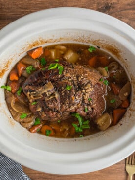 overhead shot of slow cooker london broil.