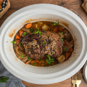 overhead shot of slow cooker london broil.