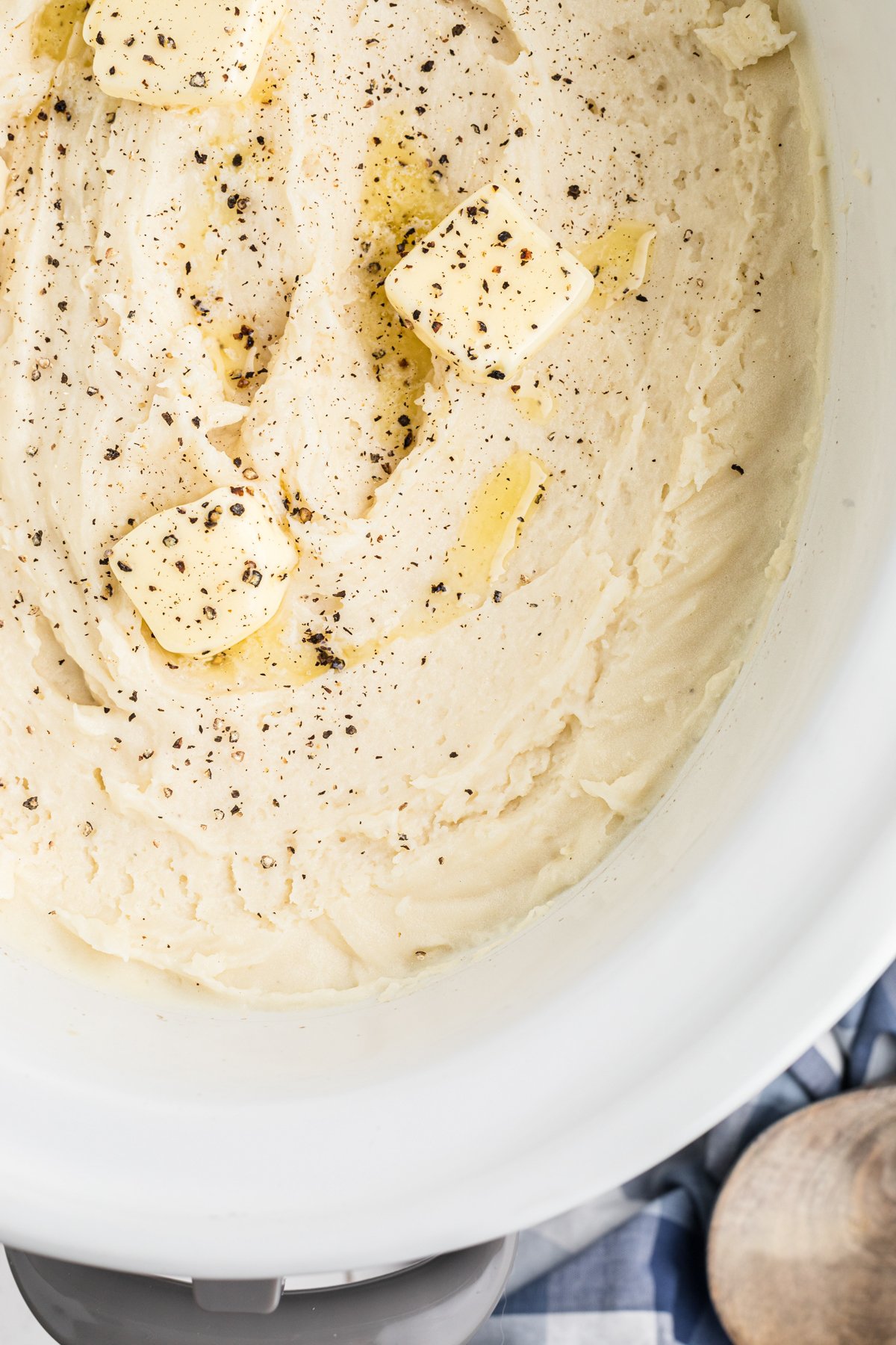 overhead shot of mashed potatoes in a crockpot.