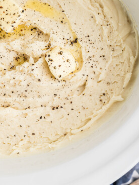 overhead shot of slow cooker mashed potatoes.