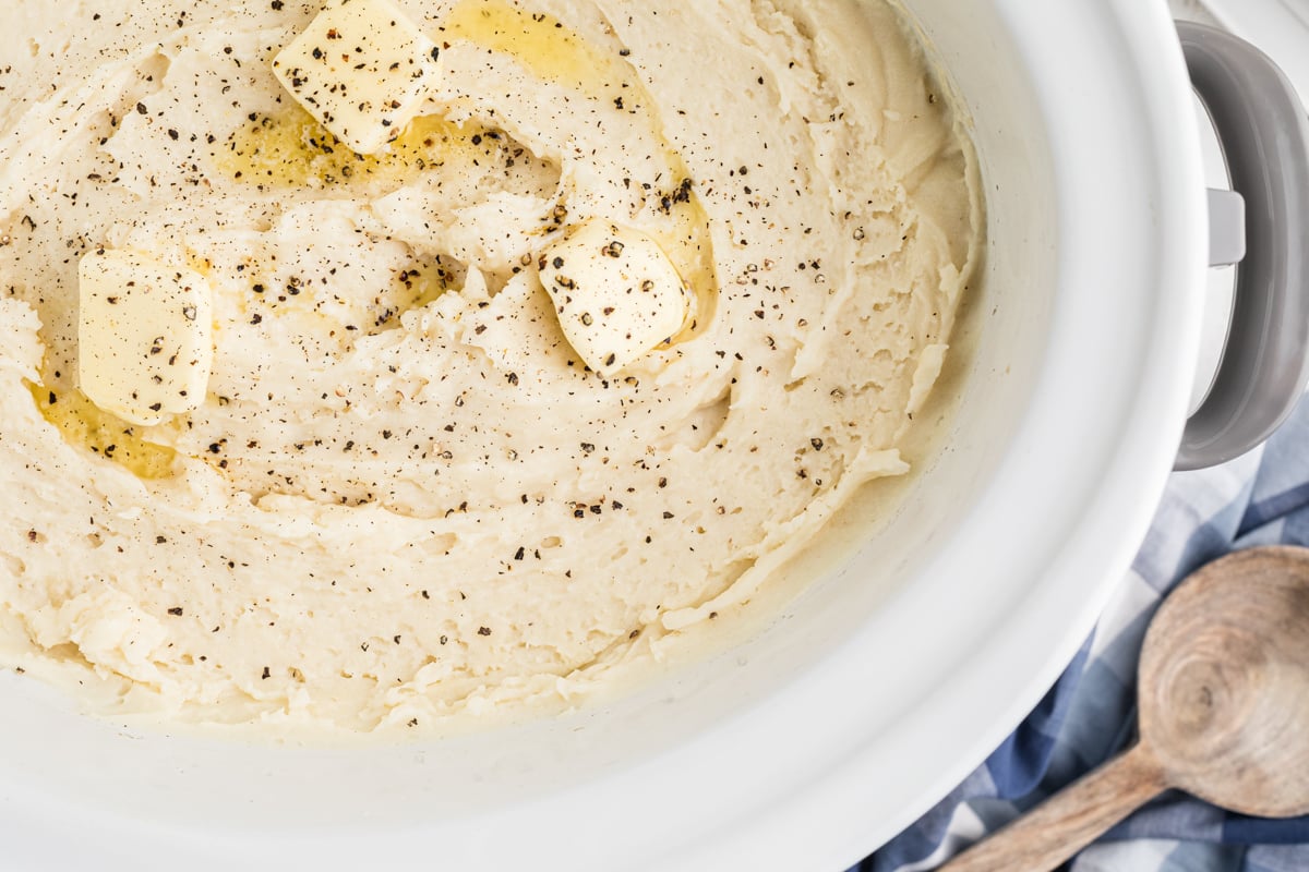 overhead shot of slow cooker mashed potatoes.