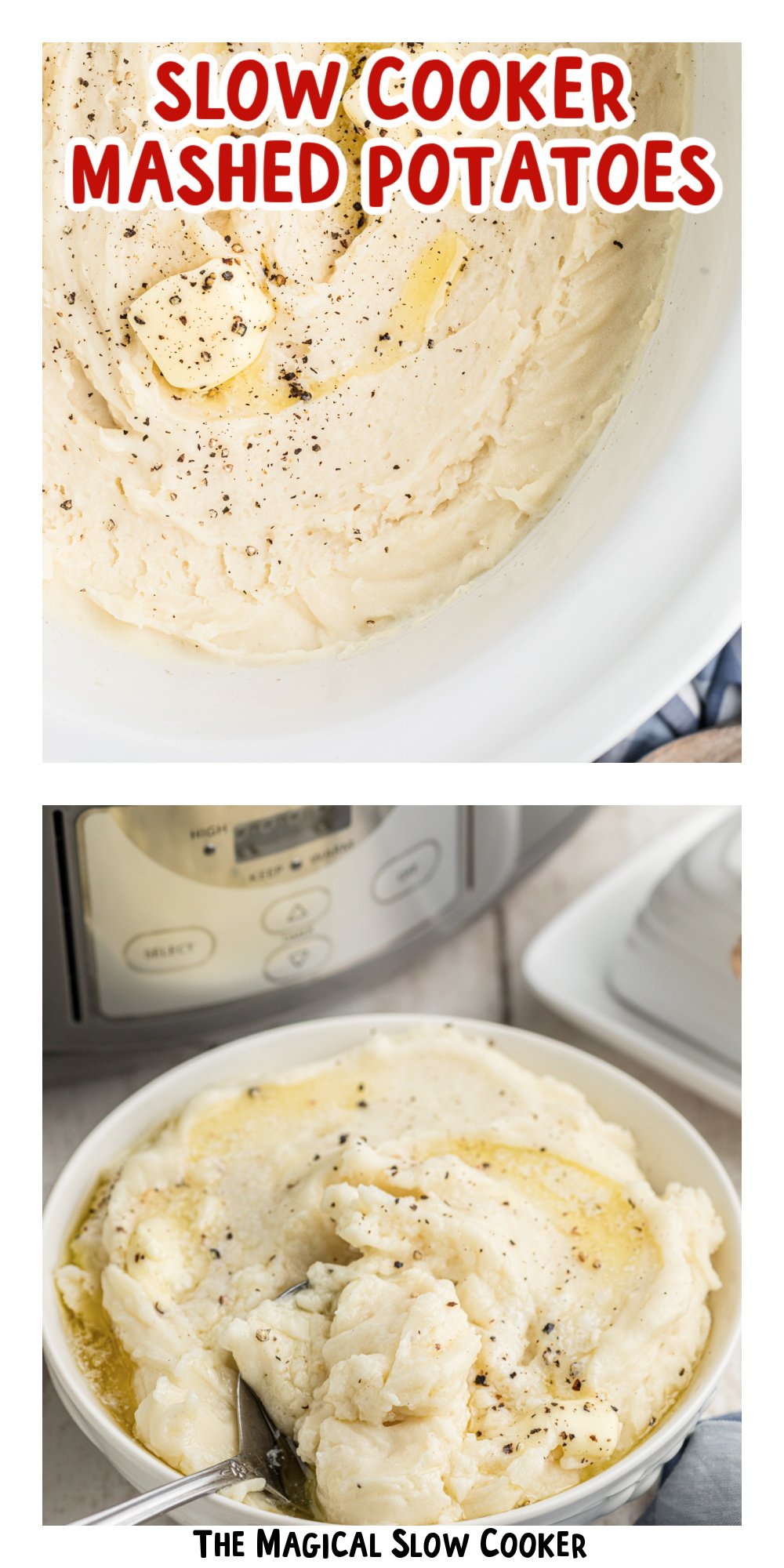 two images of slow cooker mashed potatoes with text title overlay.