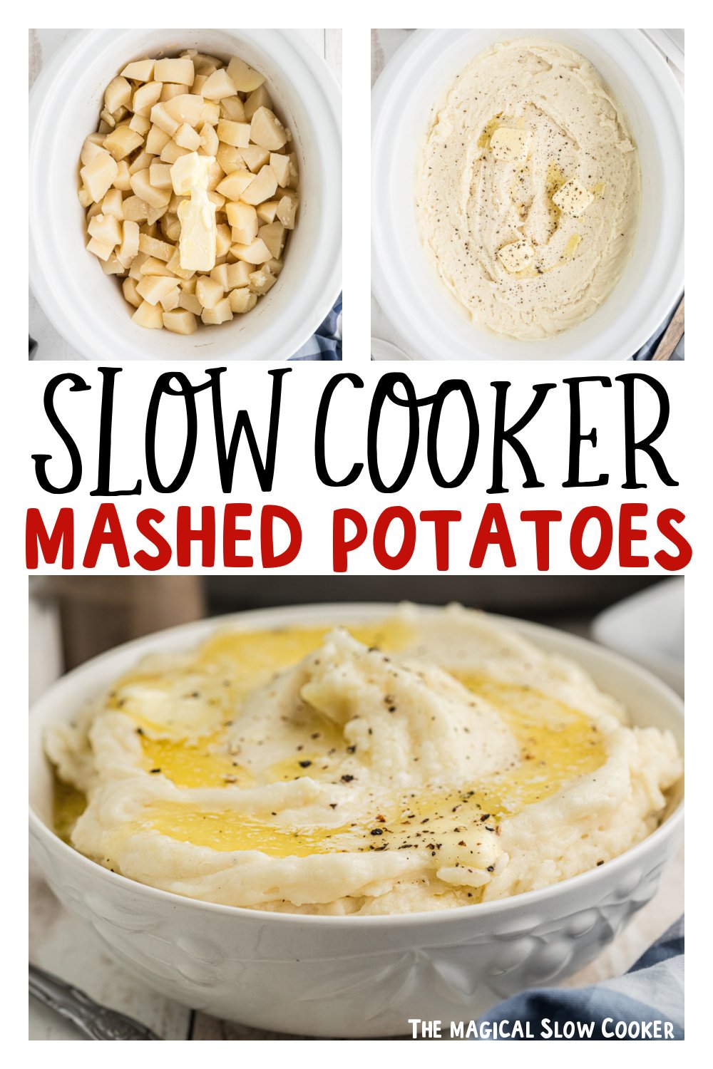 three images of slow cooker mashed potatoes for pinterest.