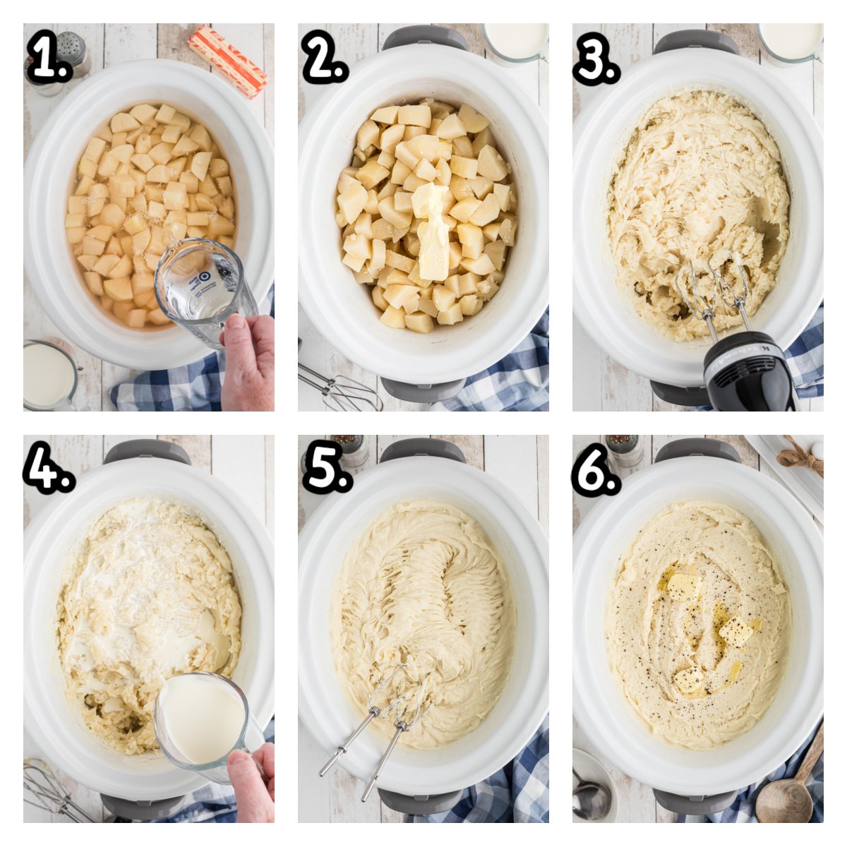 six images showing how to make slow cooker mashed potatoes.