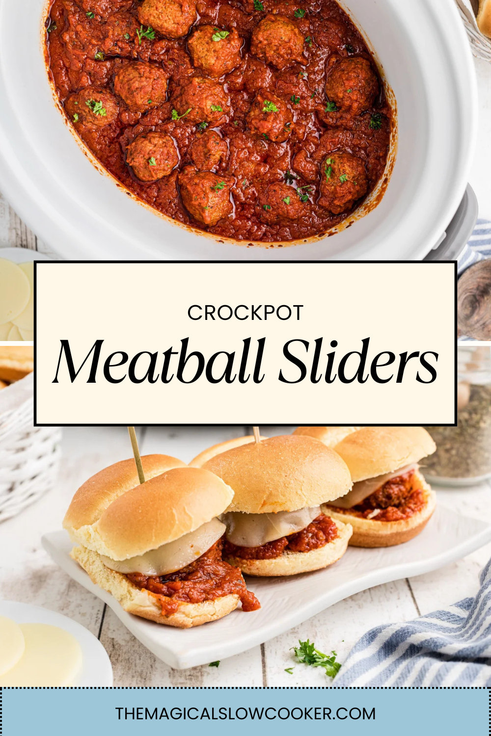 2 images of meatball sliders for pinterest.
