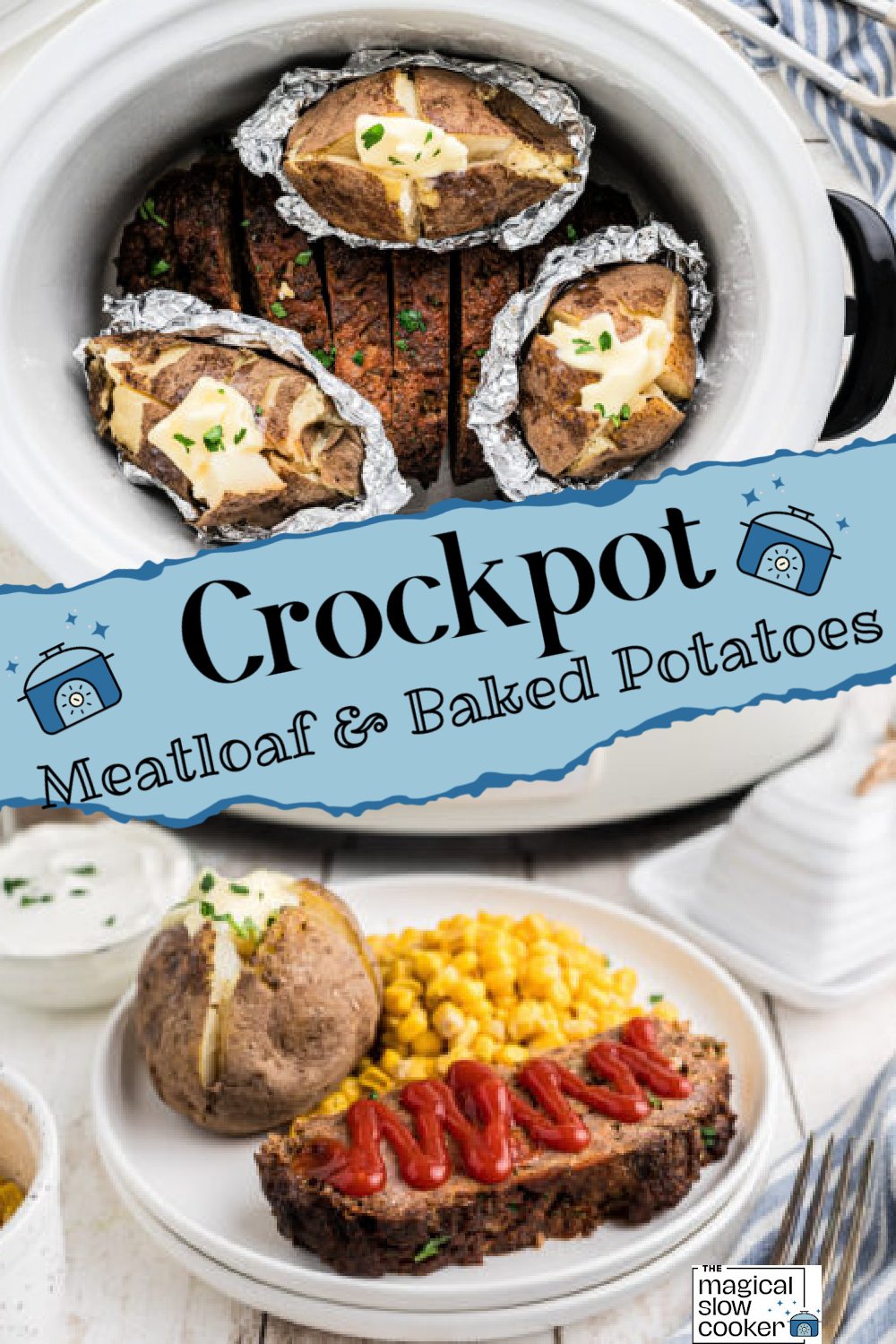2 images of meatloaf and baked potatoes.