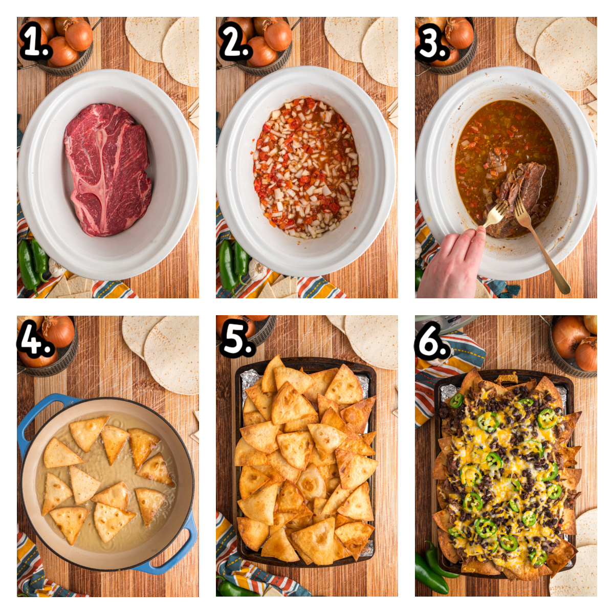 Six images showing how to make pot roast and then how to fry chips then how to make into nachos.