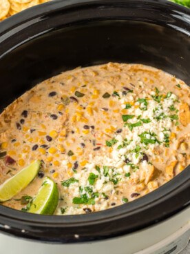 overhead shot of slow cooker street corn chicken.